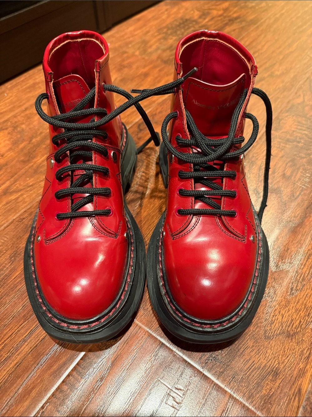 Beautiful Alexander McQueen ladies size 7 Red patent Lace-Up Combat Boots